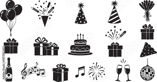 Black and white birthday party celebration icons set