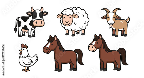 Brown Horse And Farm Animal Friends.