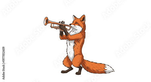 Cartoon Fox Playing Trumpet Instrument.