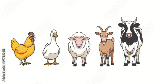 Cartoon farm animals standing together.