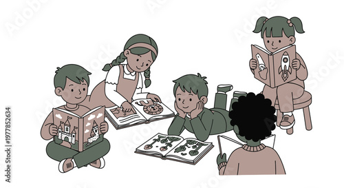 Children reading books together sitting.