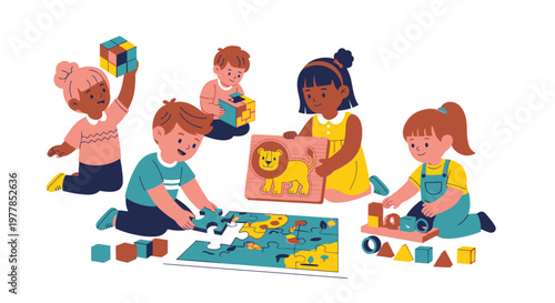 Children playing with puzzle pieces.