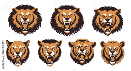 Collection of lion heads with manes.