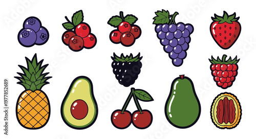 Colorful cartoon fruits on display.