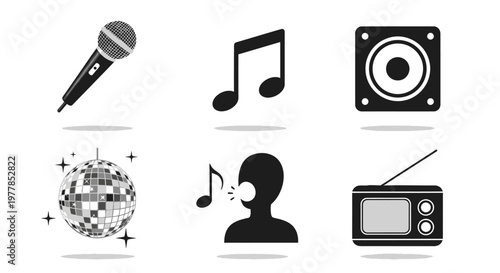 Music icons and audio equipment symbols.