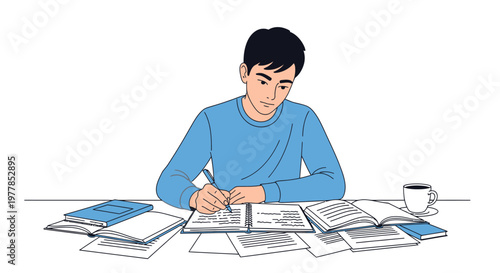 Young man studying with books and papers.