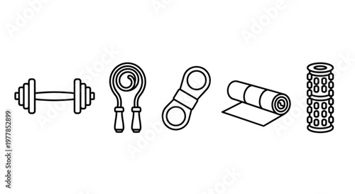 Yoga fitness equipment line icons.