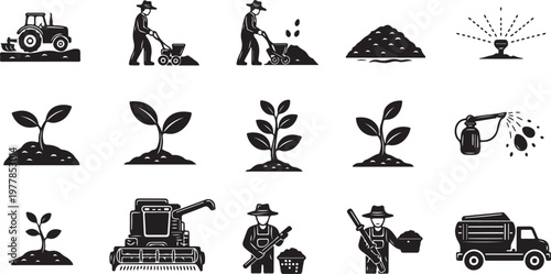 Agricultural icons and farming symbols in black