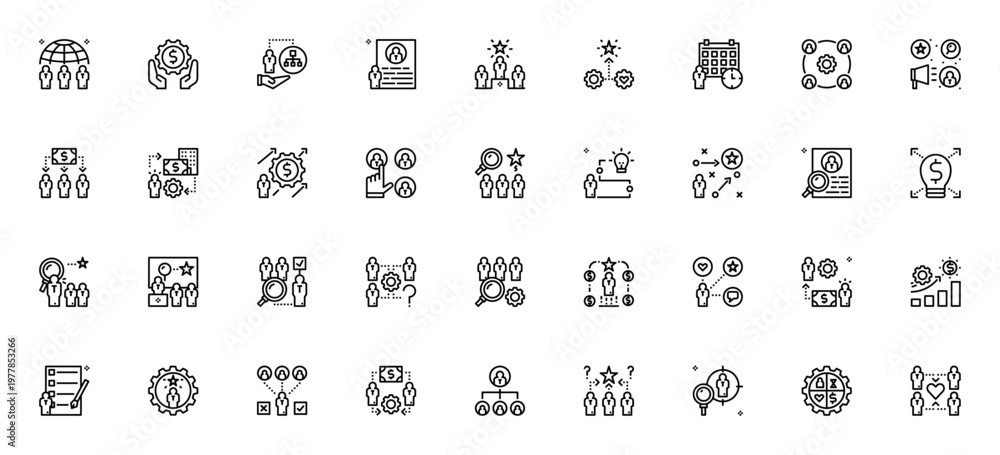 © wang - Recruitment icon set. Vector illustration pack. Includes symbols for hiring, interview, resume, HR, candidate, workforce, employment and more. Editable stroke.