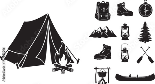 Camping icons and travel equipment in black and white