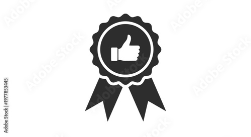 Vector graphic design featuring a quality award ribbon with a prominent thumb up symbol representing consumer satisfaction and verified excellence for your professional business branding needs