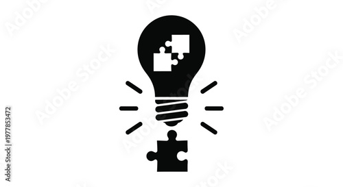 This insightful vector graphic illustration features a shining light bulb filled with connected puzzle pieces, symbolizing problem-solving and the brilliant completion of new creative ideas.