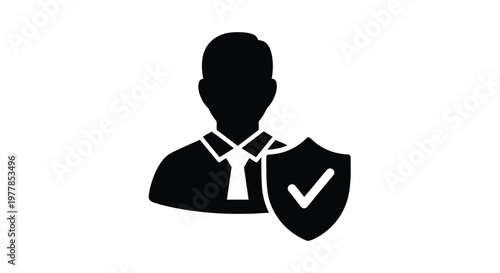 Professional user vector graphic illustration depicting a verified account with a shield and checkmark symbol, representing security, protection, and trusted identity design.