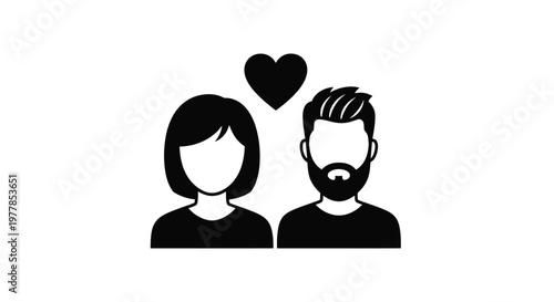 Minimalist vector graphic design showing a man and a woman together with a heart symbol representing love romance connection relationship and dating for modern couples