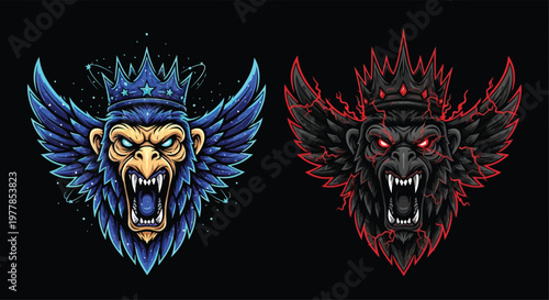 Two stylized monkey heads with crowns and wings, one in blue and gold, the other in black and red, depicted with an aggressive expression.