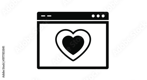 A simple vector illustration graphic of a web browser window displaying a love heart icon, representing favorite content, online appreciation, and user engagement design.