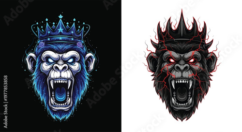 Two stylized angry gorilla heads wearing crowns, one blue on black and one black with red accents on white, showcasing fierce expressions.