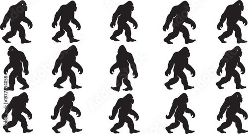 Bigfoot silhouettes walking in various poses and directions together