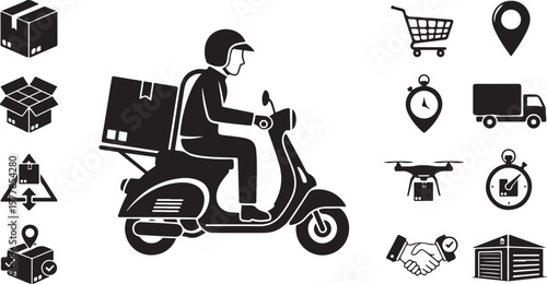 Delivery rider on scooter with package and icons around