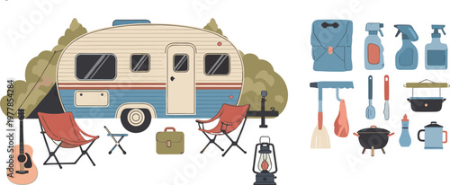 Camping and Travel Trailer Set with Caravan, Chairs, Guitar, Lantern and Outdoor Cooking Equipment Flat Vector Illustration Collection for Adventure Design