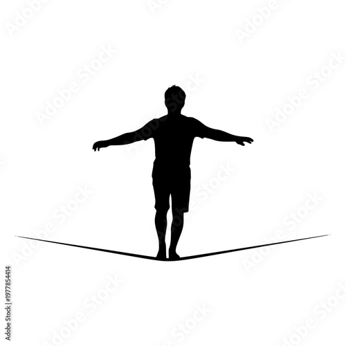 Silhouette of a man balancing on a tightrope against a white background
