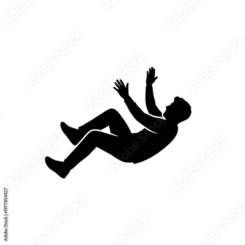 Silhouette of a man falling through the air on white background