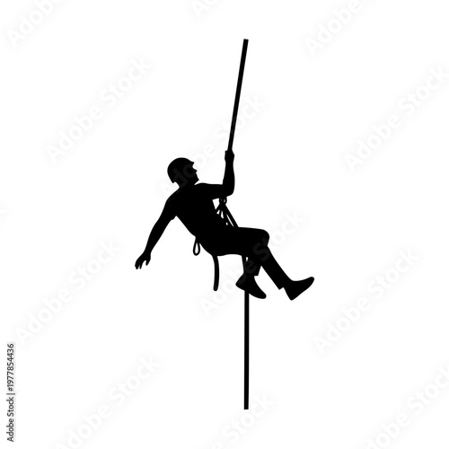 Silhouette of a man rappelling down a rope isolated on white background