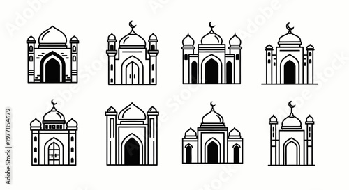 Architectural domed building entrance icons.