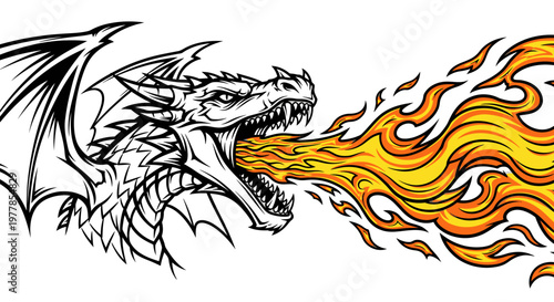 Dragon breathing fire with sharp teeth.
