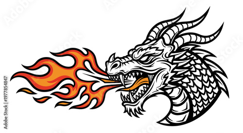 Dragon head breathing fire fiercely outside.