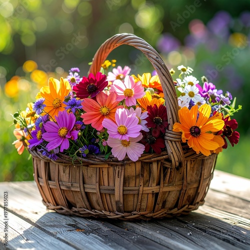 Vibrant Basket of Freshly Picked Garden Flowers on a Rustic Wooden Table.