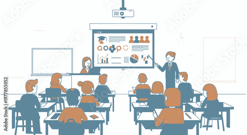 Teacher standing in classroom with students.