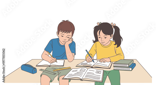 Two children studying at a table.