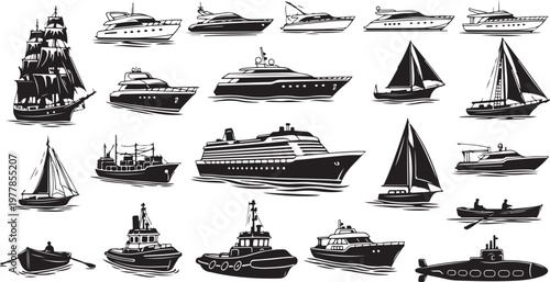 Collection of various boats and ships in black and white