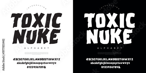 Toxic Nuke bold display font with hand drawn rough brush style for urban street wear posters and heavy metal music branding