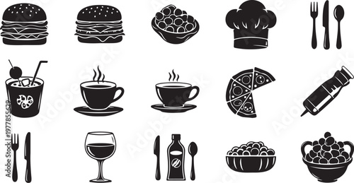 Food and drink icons in black and white illustrations