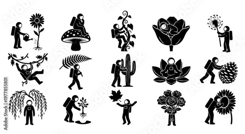 A collection  silhouettes icons depicting astronauts engaging with various plants and natural elements, symbolizing space gardening, environmental care, and futuristic exploration.
