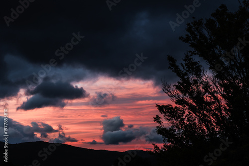 moody pink sunset with dark clouds over the hills with tree silhouette in the foreground