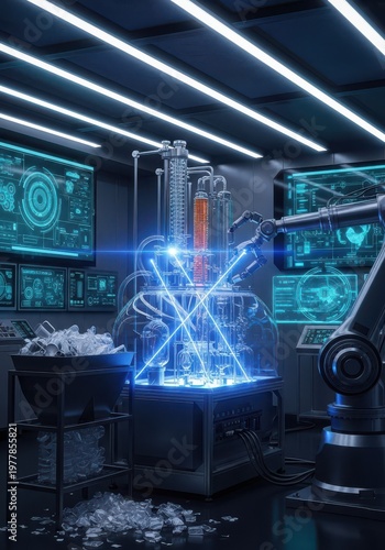 Robotic arm processes chemical materials within a high-tech futuristic laboratory.