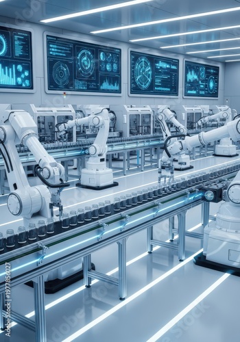 Robotic arms assemble products on a high-tech automated production line in a modern factory.