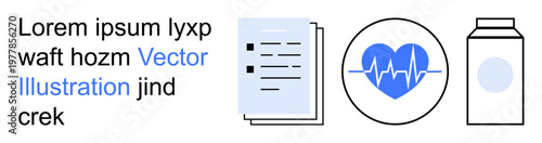 Health management, medical records, wellness tracking, data analysis, healthcare solutions, pharmaceutical products. Heartbeat symbol, document medicine bottle. Health systems and medical records