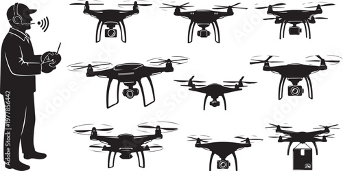 Man operating multiple drones with remote control in hand