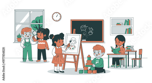 Children Painting in a Classroom.