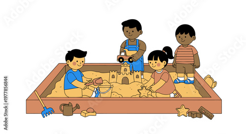 Children Playing in a Sandbox Together.