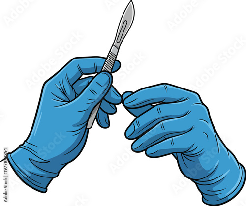 Hands Wearing Blue Gloves Holding a Scalpel.