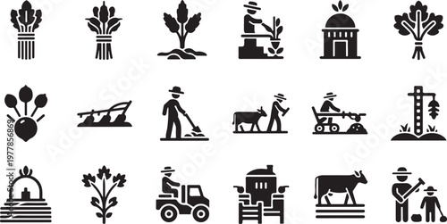 Agricultural icons and farming symbols in black and white
