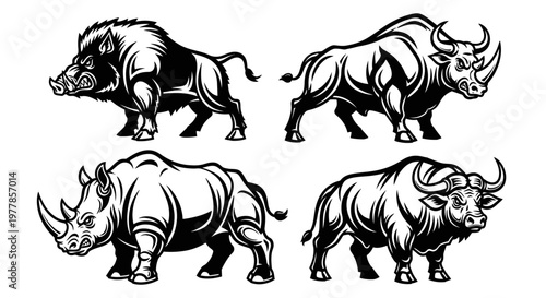 Four black and white bull illustrations.