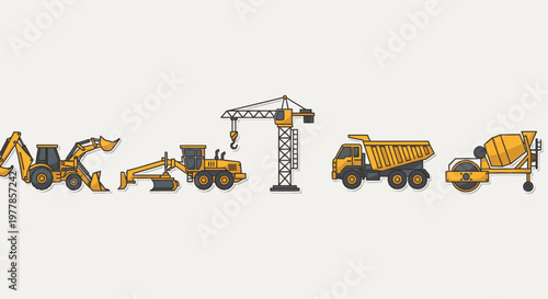 Yellow construction vehicles in a row 1.