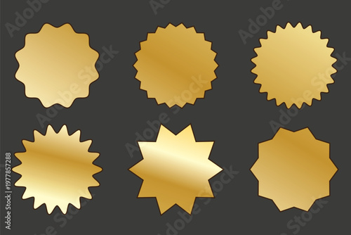 Luxury gold badge sticker with shiny foil texture and starburst shape. Premium circular seal icon for sale labels, price tags and promotions