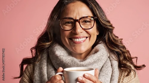 Smiling Woman Holding Steaming Hot Coffee Mug During Winter